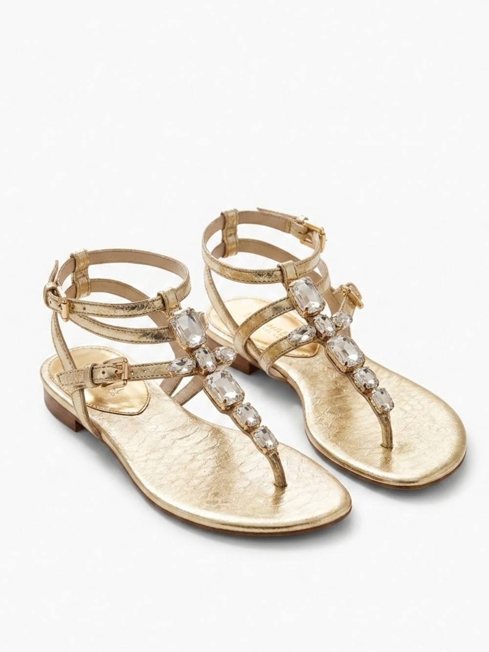 Michael Kors Gold Embellished T-Strap Sandals Size 7 Crystal Metallic Vacation